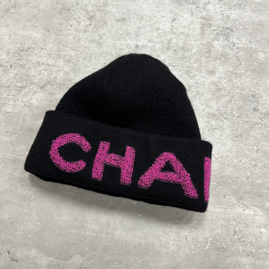 Chanel Laine & Cashmere Big Logo Beanie Hat Black (DS)