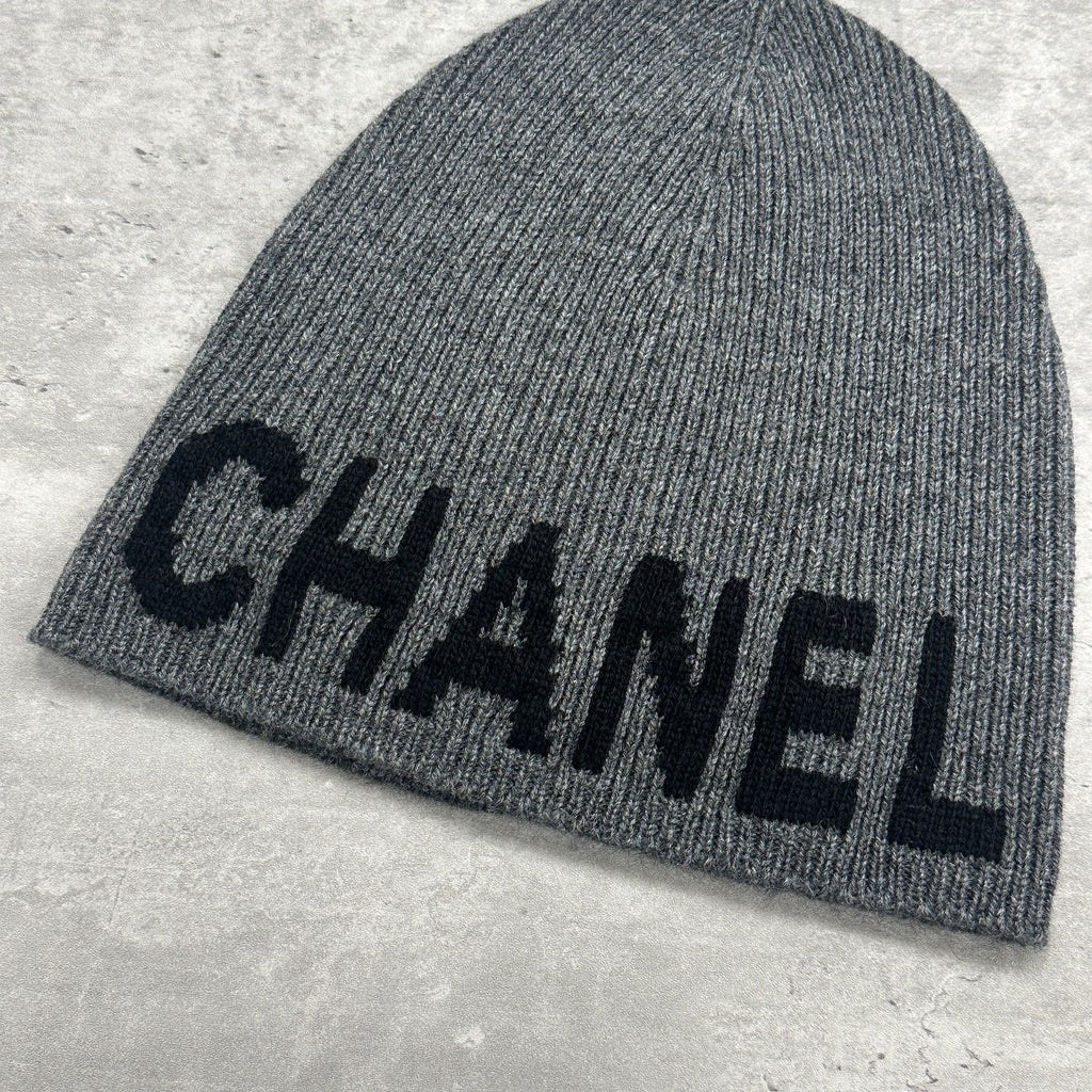 Chanel Cashmere Spellout Logo Beanie Hat Grey (DS)