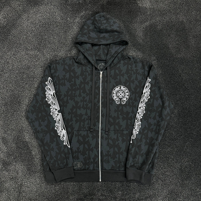 Chrome Hearts All Over Print Horseshoe Logo Zip Up Hoodie Black (DS)