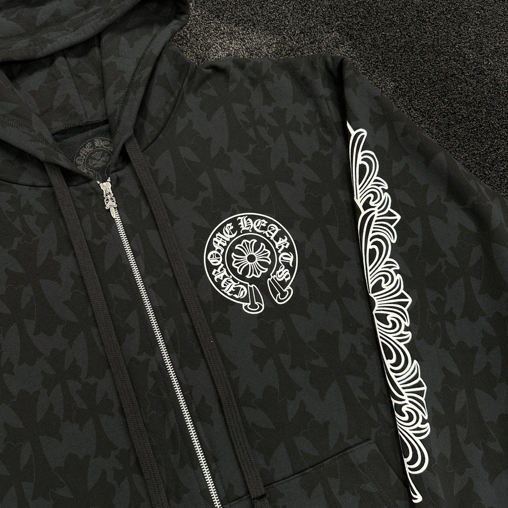 Chrome Hearts All Over Print Horseshoe Logo Zip Up Hoodie Black (DS)