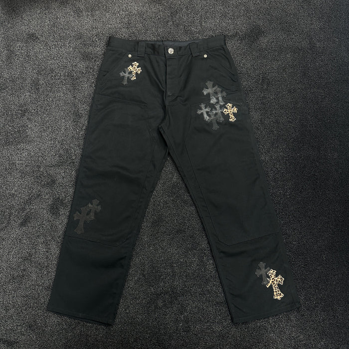 Chrome Hearts Cheetah & Leather Patch Double Knee Carpenter Denim Jeans (DS)