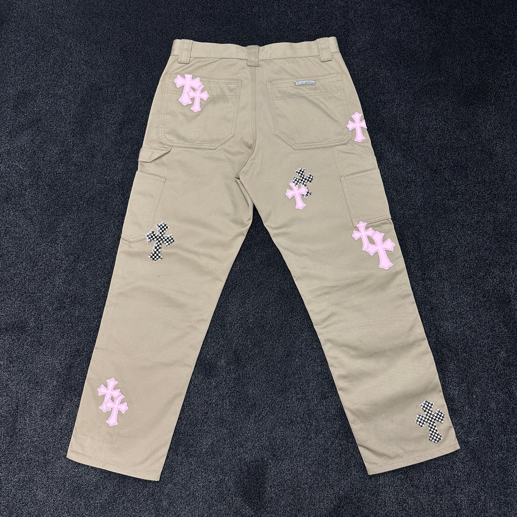 Chrome Hearts Checkered Cross Patch Beige Double Knee Carpenter Trousers W32 (8/10)