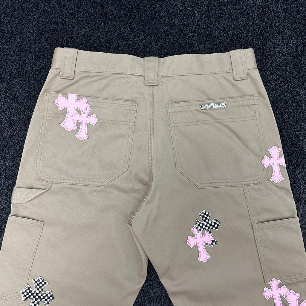 Chrome Hearts Checkered Cross Patch Beige Double Knee Carpenter Trousers W32 (8/10)