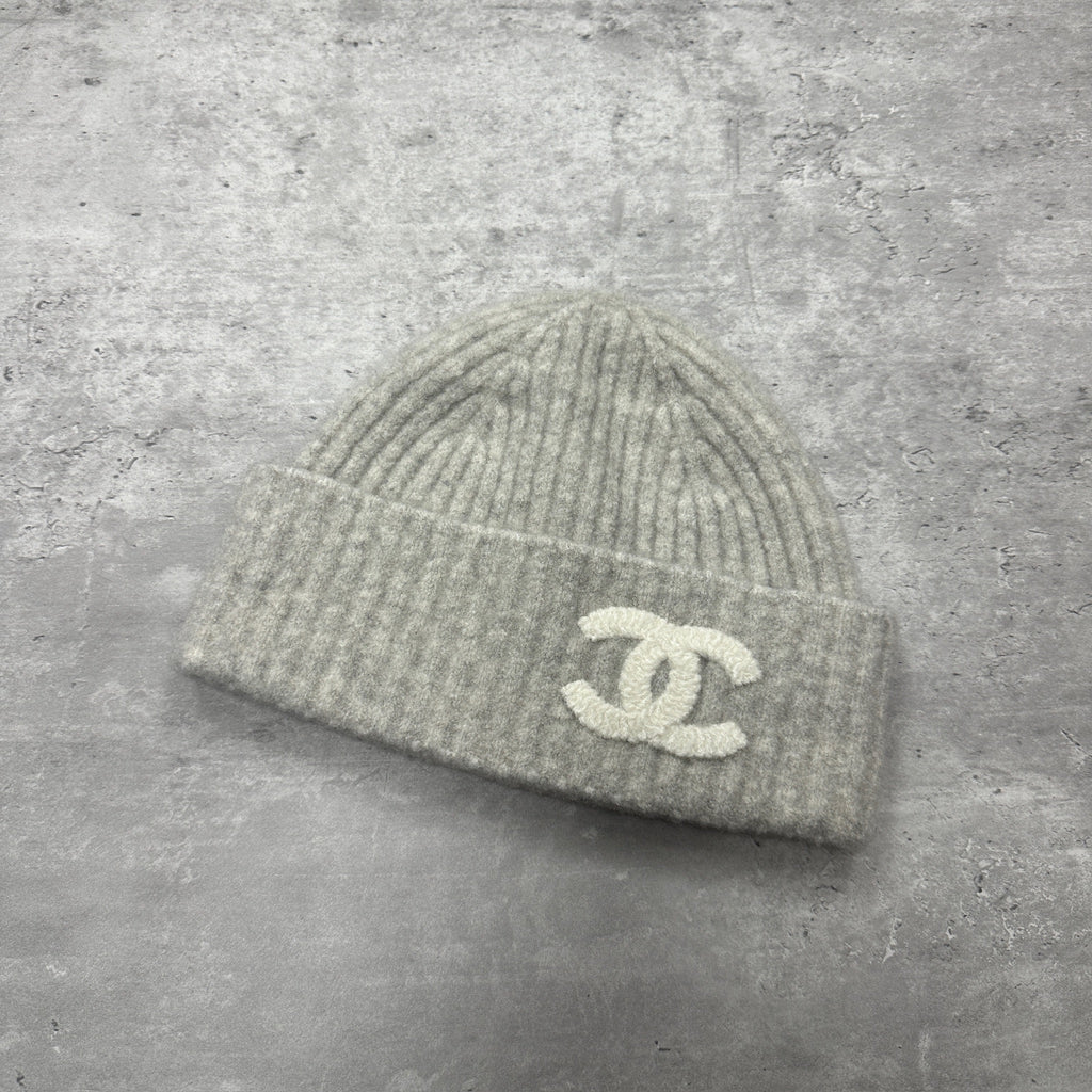 Chanel Silk & Cashmere CC Logo Beanie Hat Grey (DS)