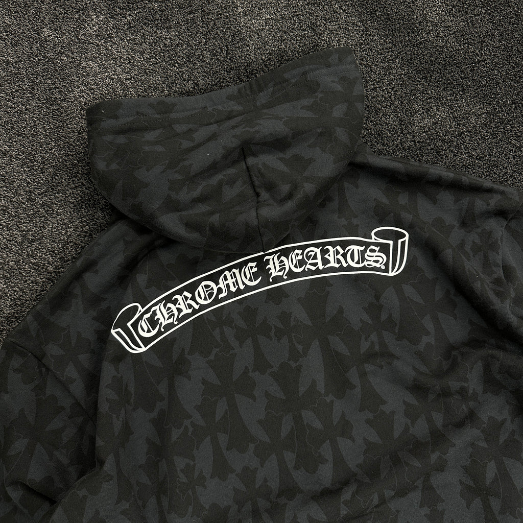 Chrome Hearts All Over Print Horseshoe Logo Zip Up Hoodie Black (DS)